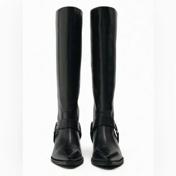 ZARA KNEE HIGH LEATHER COWBOY BOOTS - Picture 1 of 12